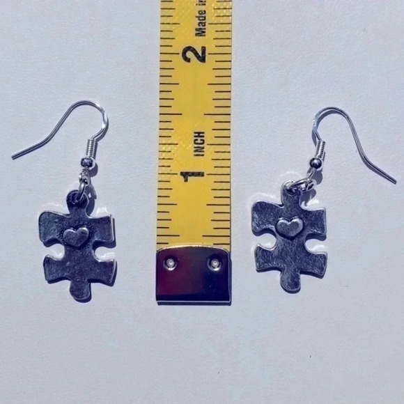 Silver Puzzle Piece Autism Awareness Earrings NWT - Picture 3 of 3